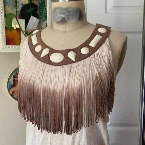 ANTHOPOLOGIE Beige Y2K Ombre Fringe front Racerback Long Tunic Tank BOHO *MED* - Picture 2 of 5